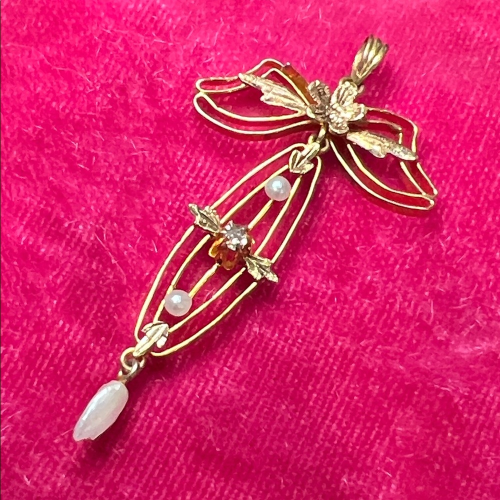 Antique Victorian Diamond Pearl 14k Solid Yellow Gold Lavalier Pendant - Picture 3 of 5